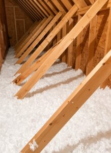 IMG_3222 | Wildlife Control Specialist of Atlanta Wooden attic with diagonal roof trusses and white loose-fill insulation on the floor.